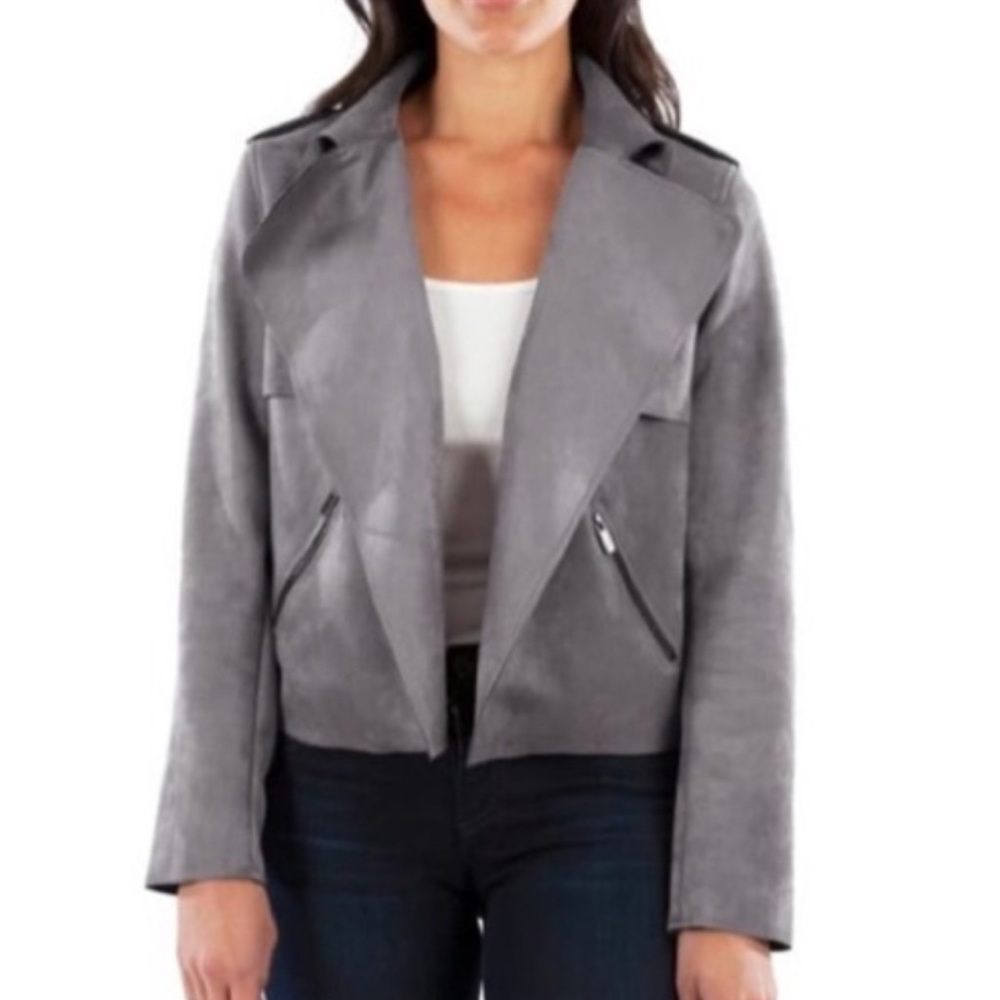 Kut from the Kloth Faux Suede Gray Draped Moto Jacket, Women Medium, Like New
